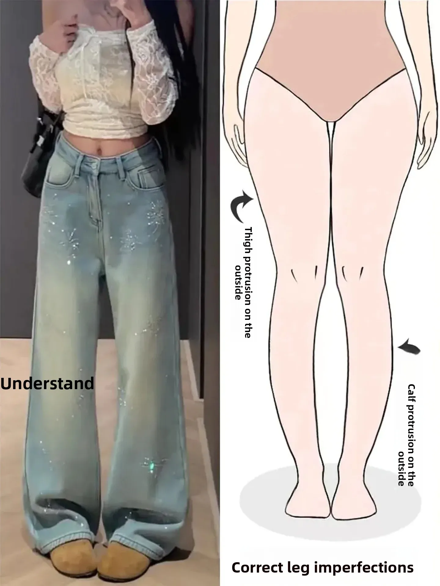 

Retro American Diamond Decorated Wide Leg Jeans Women's Light Colored Spring New Street Versatile Pear Shaped Body Fit Jeans