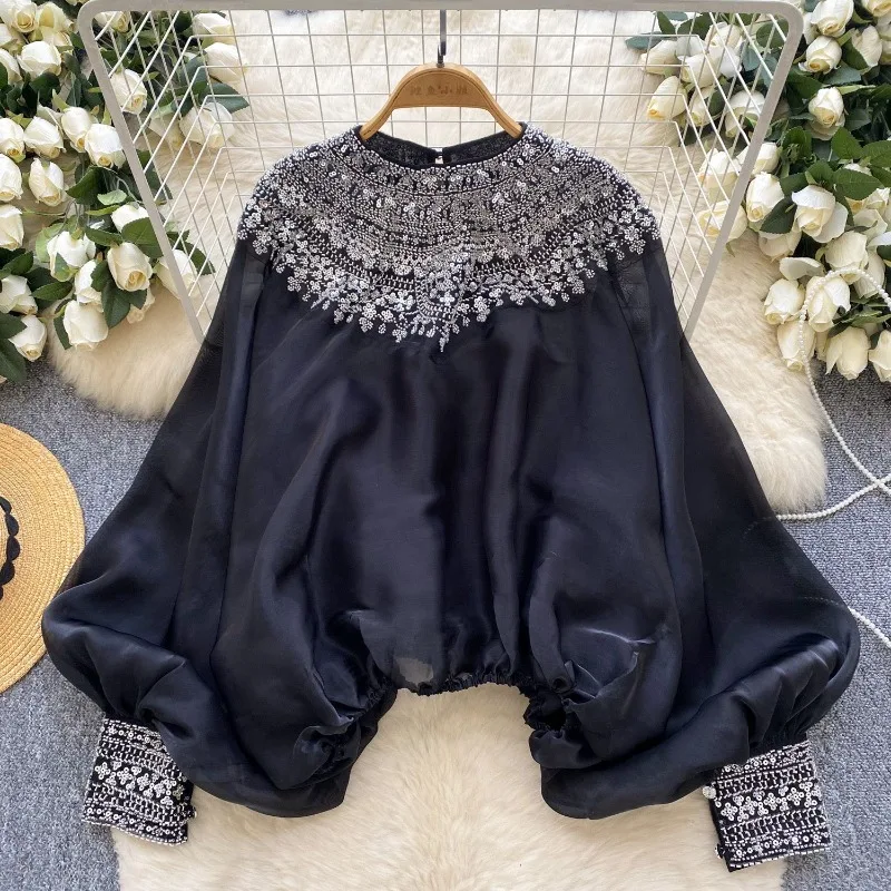Blouse Women Court-inspired Shirt Beaded Embroidery Sequins Patchwork Bell Sleeves Loose Fit Shiny Finish New Fashionable Niche