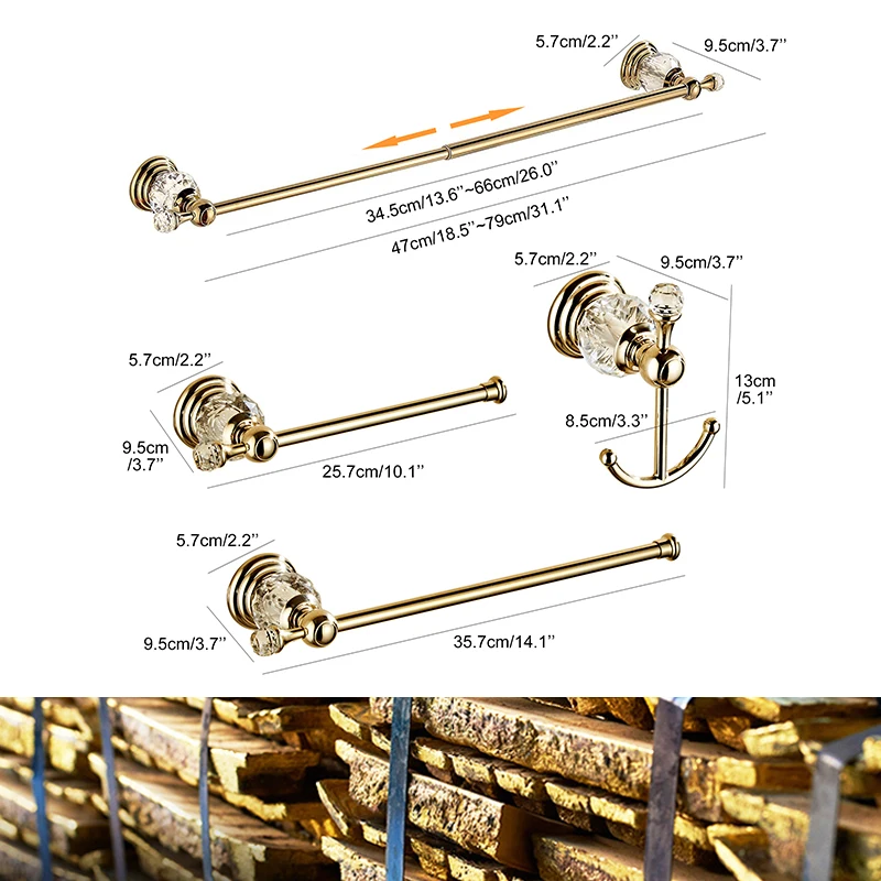 ELLEN Golden Crystal Bathroom Hardware Set Adjust Towel Rack Towel Holder Toilet Paper Holder Robe Hook EL2001G