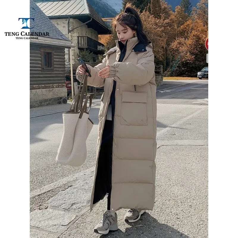 Khaki Ultra Long Down Jacket, Popular Loose and Thick Knee Length, 90 White Duck Down Jacket, Women's Winter Clothing, New Item,