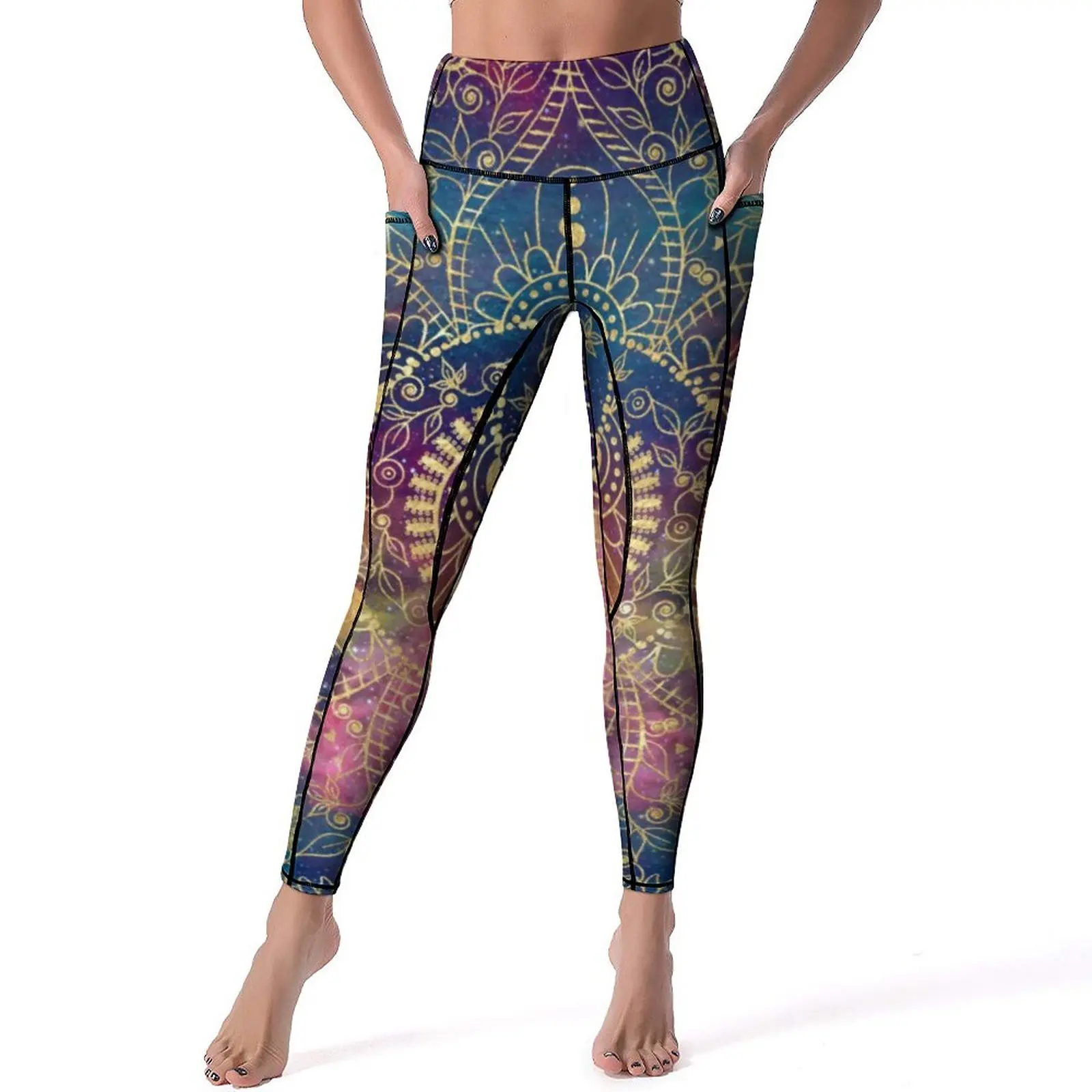 Gold Mandala Print Leggings Vintage Floral Gym Yoga Pants Lady High Waist Casual Leggins Sexy Stretchy Custom Sports Tights 2XL