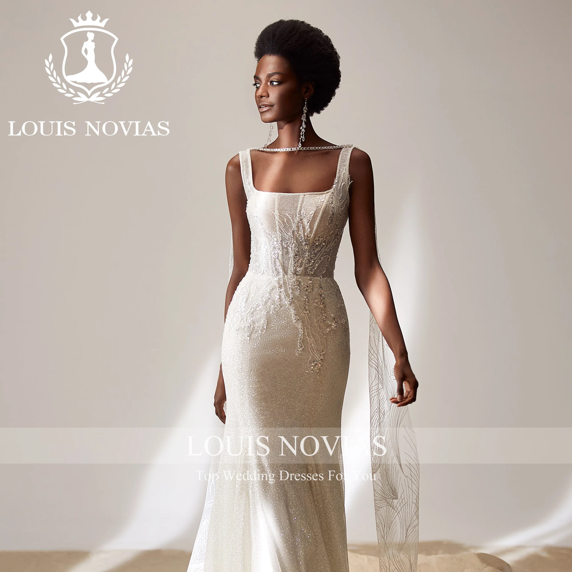 LOUIS NOVIAS Mermaid Wedding Dresses 2023 Square Collar Shining Tulle Embroidery CRYSTAL Trumpet Wedding Gown Vestidos De Novia