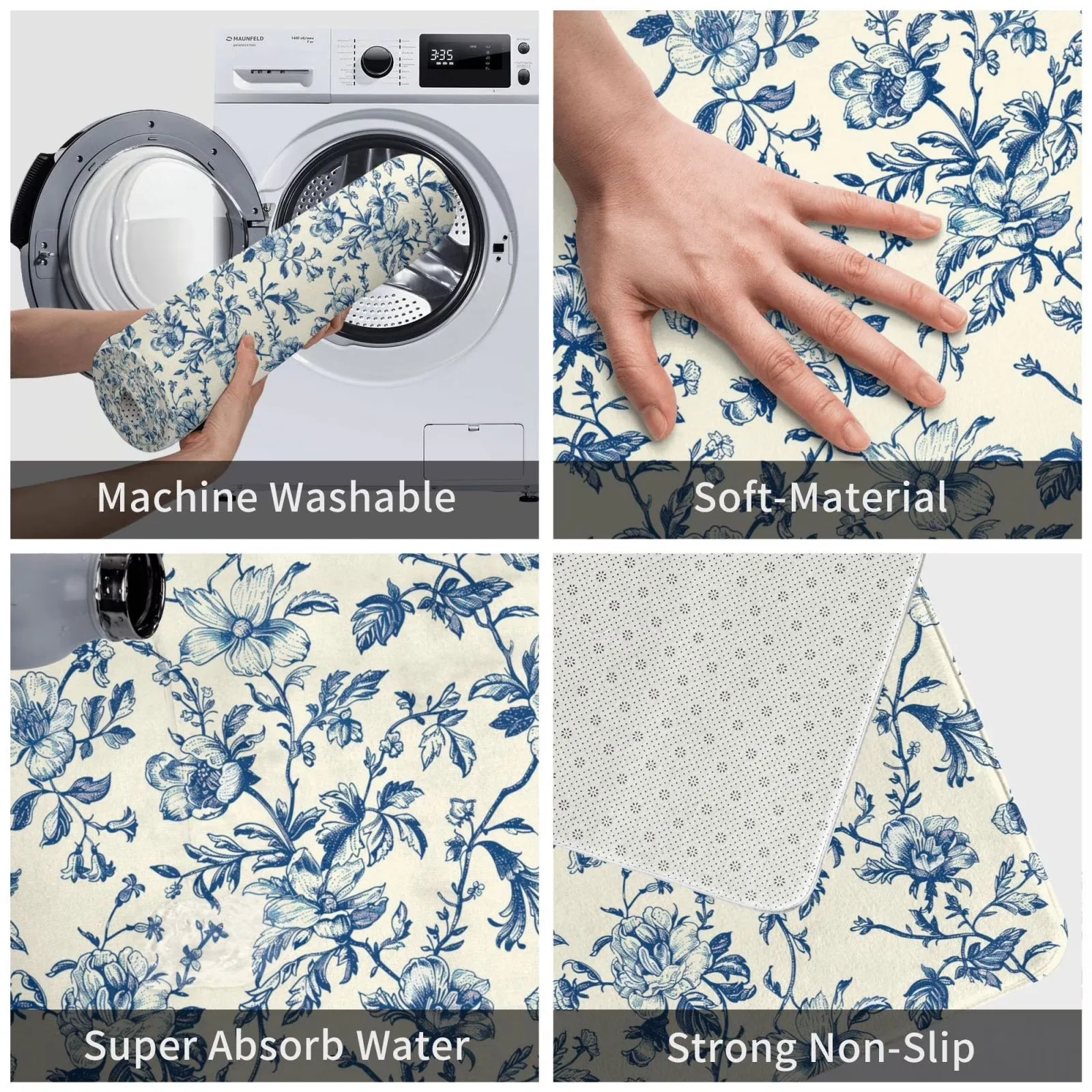 Vintage Blue Floral Floor Mat Non-slip Flannel Dust-proof Door Mat for Home Kitchen Bathroom