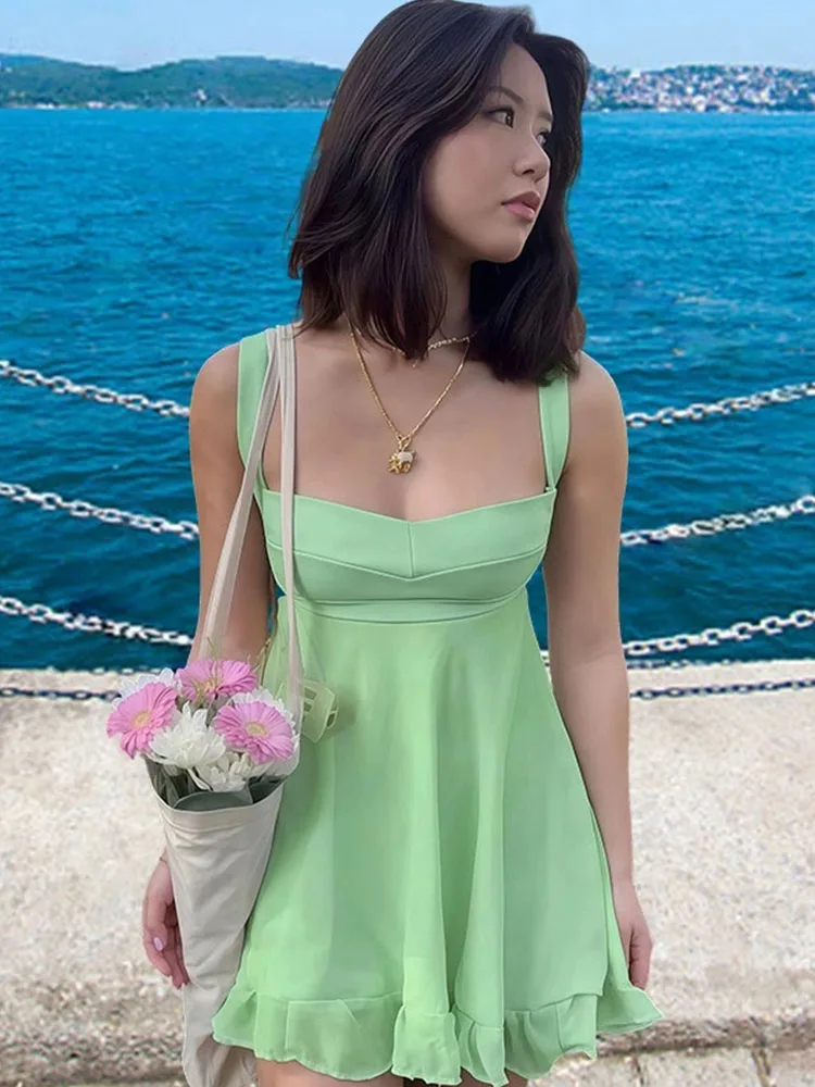 Vestidos Elegantes Para Mujer Solid Color Cutout Slim Sling Dress Sexy Backless Ruffle Dress Female 2025