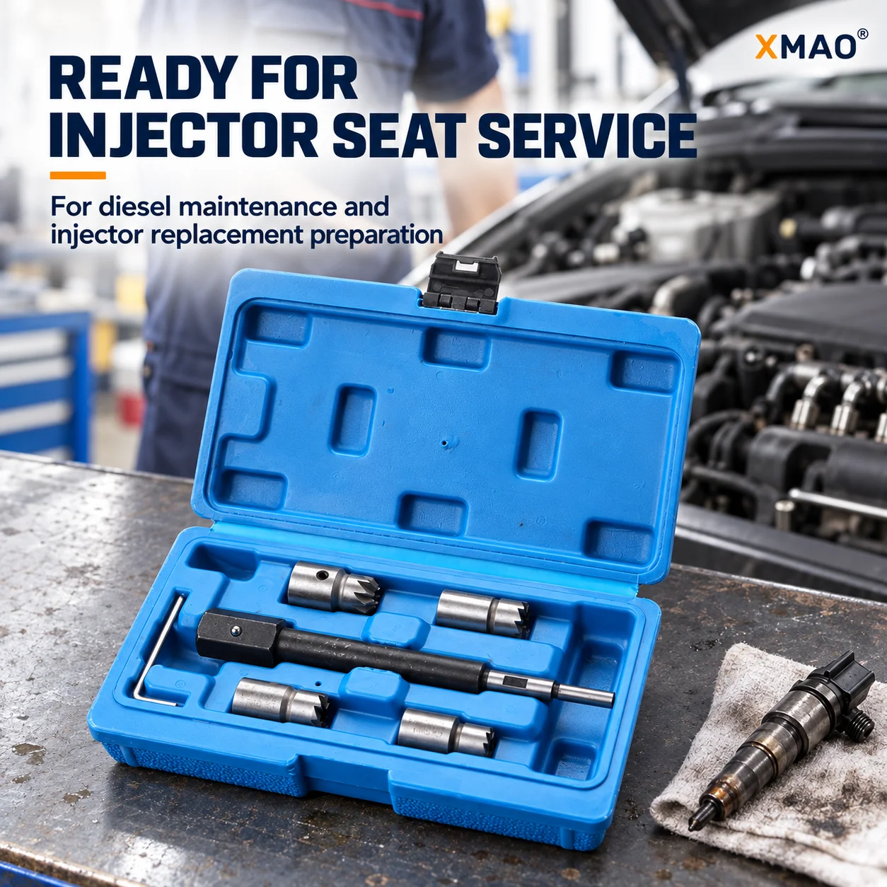 XMAO 6Pc Injector Seat Reamer Tool Kit for Diesel Engines, Alloy Steel Cutters for Carbon Removal with Guide Bar and Hex Key