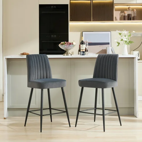 

#Adjustable Iron Feet Velvet Grey Modern Bar Chairs Set Of 2 For Hotel Dining And Commercial Use