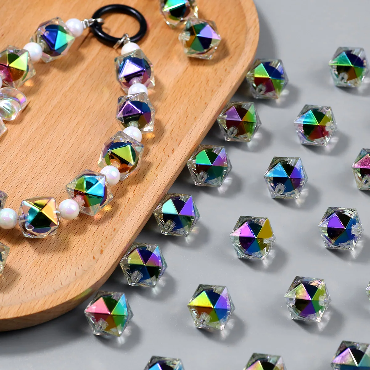 16mm Black AB Colorful Square Acrylic Bead-in-Bead Glass Spacer Loose Beads For Jewelry Making Bracelet Keychain DIY Accessories