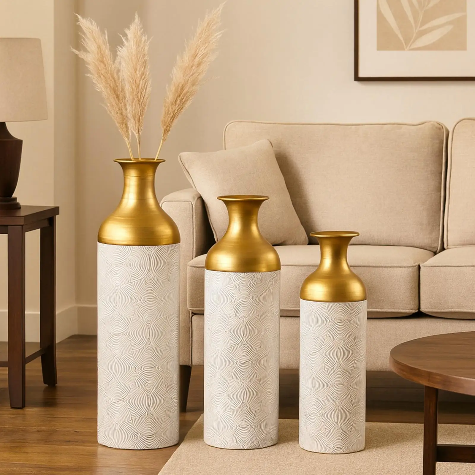 Modern Ripple Textured Iron Floor Vase Set Decorative Metal Vases for Large Room or Dining Centerpiece