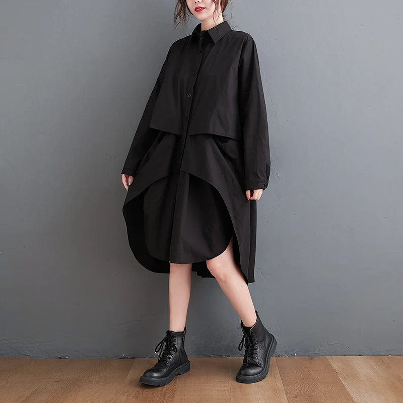 ربيع 2025 حجم كبير irt Dr المرأة طويلة Sve فضفاضة البطن تغطي التخسيس غير المتكافئة مزيج القطن عادية Dr #2