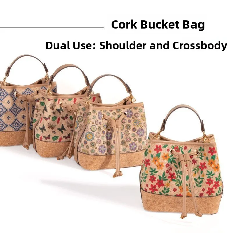 Women's Wooden Texture Bucket Bag Crossbody Handbag Soft Cork Material Ethnic Style Shoulder Bag Creative Drawstring Bag