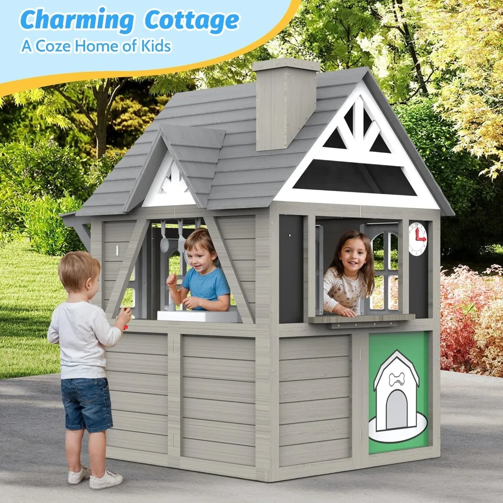 

Outdoor Playhouse,Cedar Gray Wooden Play House, with Play Kitchen, Interactive Doorbell, Toy, Customized