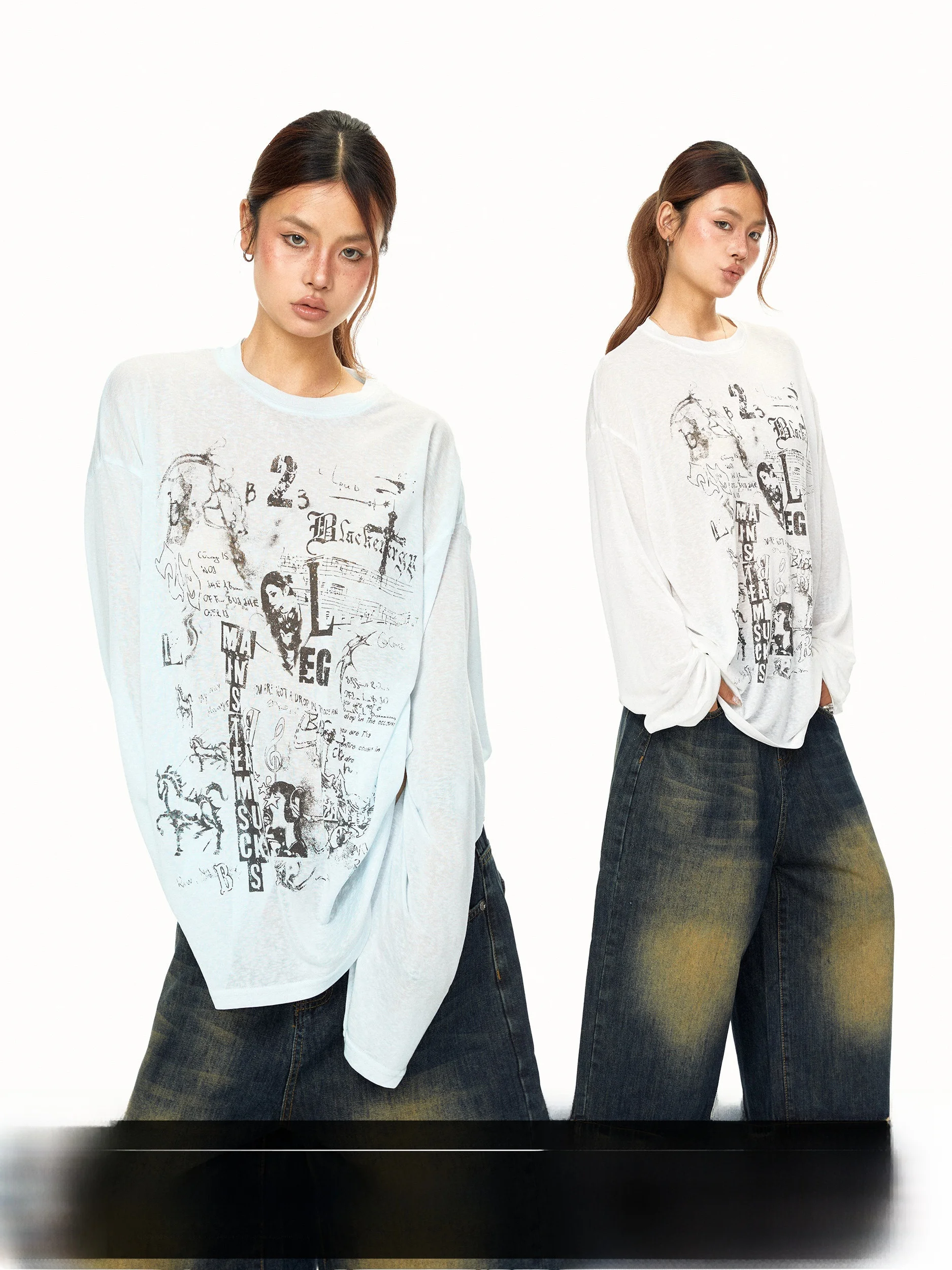 Slim Fit Summer Women's T-Shirt Long Sleeve Printed Lightweight Casual Cover up Top round Neck Loose Shirt BORDER WEST