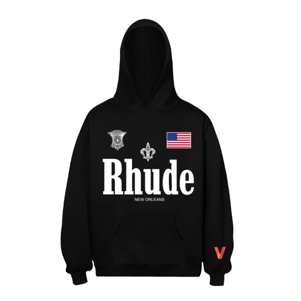 2026 Rhude Vintage Badge And USA Flag Graphic Hoodie Classic Big Letter Logo Loose Hip Hop Daily Street Outfit