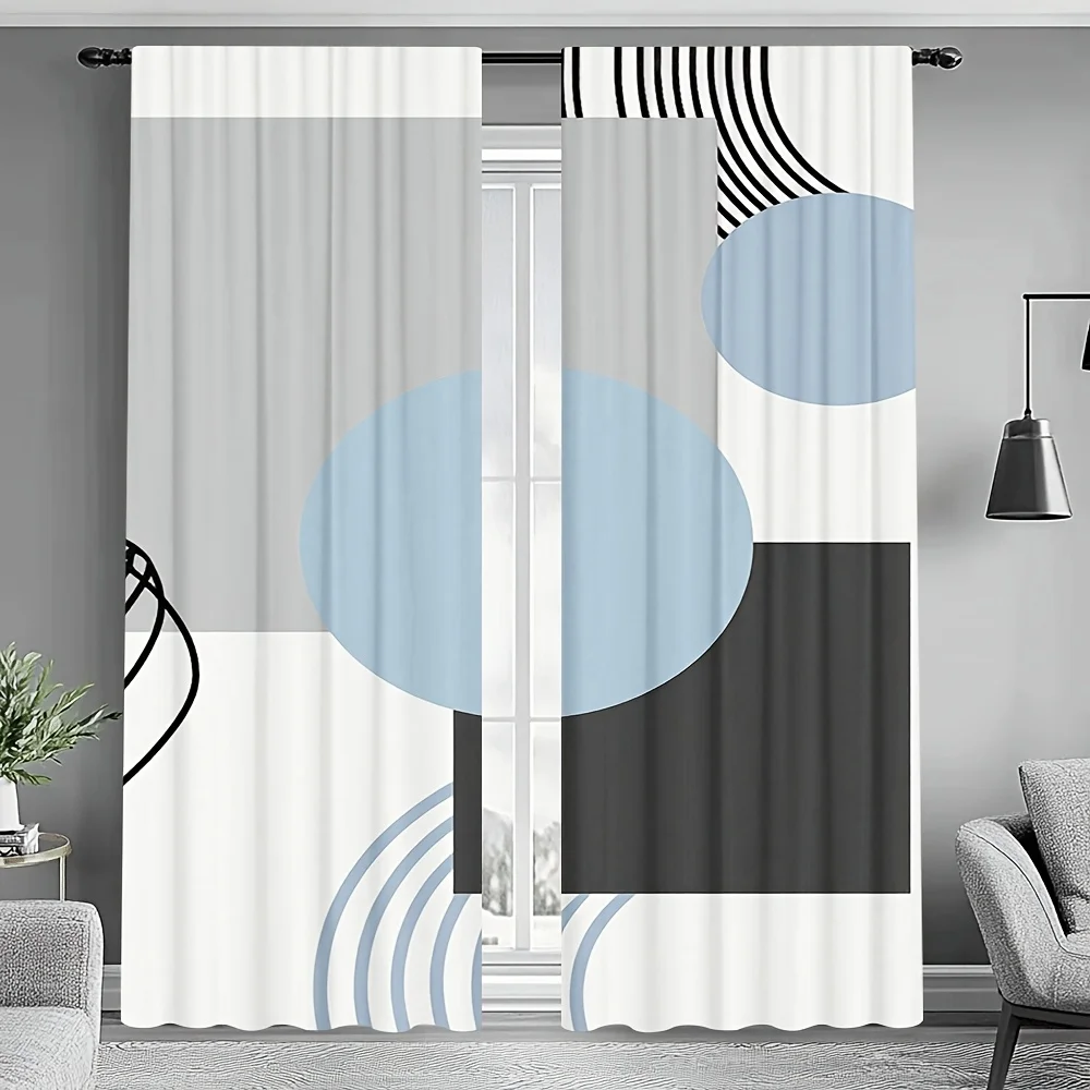 2PCS Digital Print  Curtain, Line Circles Squares, Bohemian Style  Curtain Panel for Home Living Room Bedroom Decor