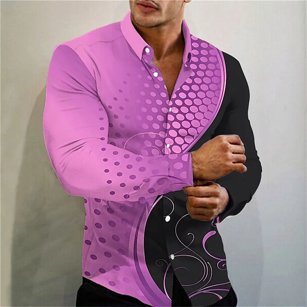 Camisa de manga larga para hombre, camisa con botones y solapa, ropa de fiesta informal con estampado de lunares, XS-6XL, 2024