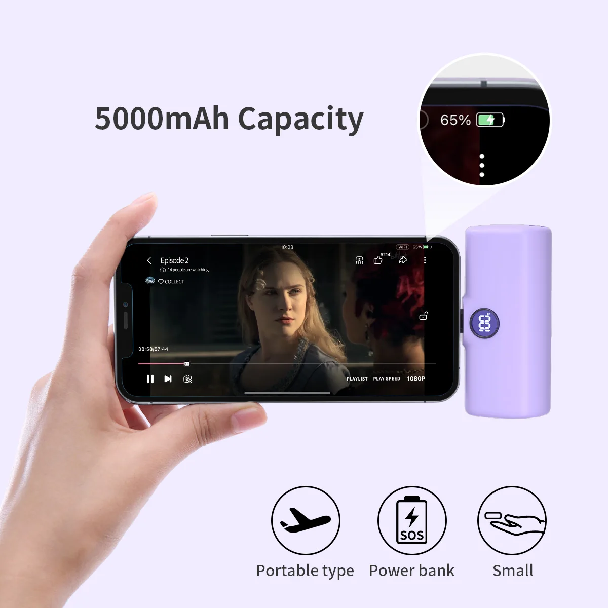 Мини-портативное зарядное устройство Power Bank Портативный ЖК-дисплей с быстрой зарядкой емкостью 5000 мАч и аккумулятором Type-C/Lightning Plug