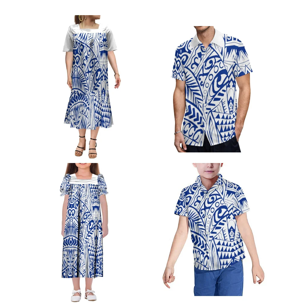 Conjunto de vestido de fiesta familiar polinesiano para adultos y niños, camisa con madre e hija, vestido largo Mumu, 2024