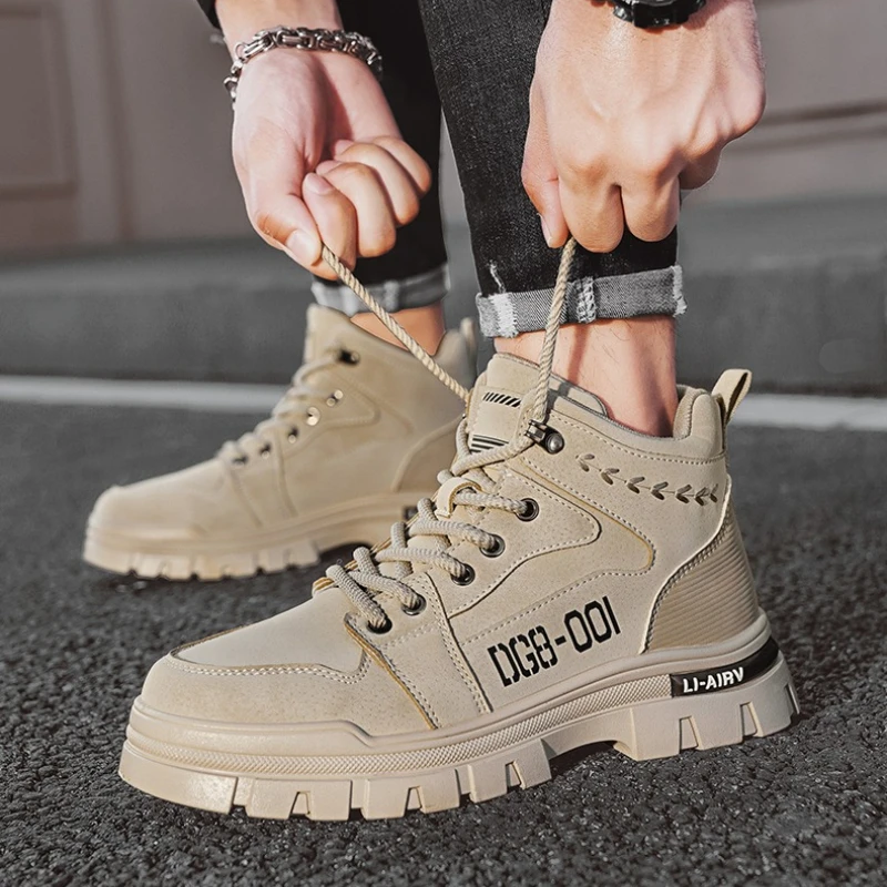 

Мужские высококачественные прочные модные рабочие ботинки с круглым носком на плоской подошве со средней шнуровкой, универсальные модные уличные повседневные ботинки