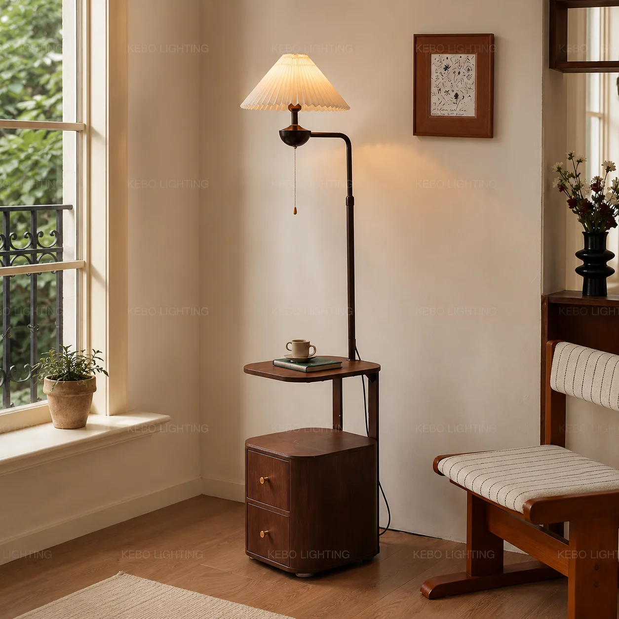 Floor Lamp With Storage Shelf Living Room, Storage Tower-Shaped Bedside Floor Lamp With Bulb, Wooden Zipper Switch Standing Lamp