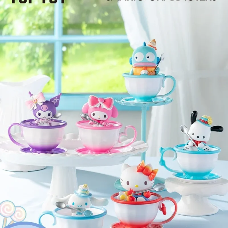 2024 New Trendy Play Toptoy Sanrio Family Tea Cup Elf Blind Box Kuromi Pacha Dog Big Ear Dog Ugly Fish Tea Cup Handmade Gift