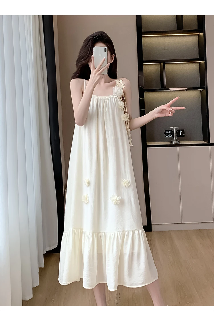 Summer Three-dimensional Flowers Embroidery Loose A-line Halter Dress Women Sleeveless Knee-length Beach Dresses Female