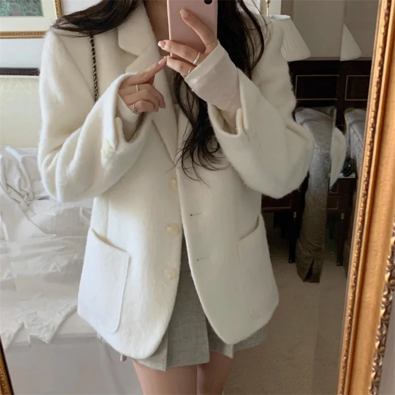 معطف صوفي طويل كريمي لطيف على الطراز الكوري موضة خريف وشتاء جديدة سترة فضفاضة غير رسمية أنيقة عتيقة سترة صوف أنيقة ملابس خارجية #3