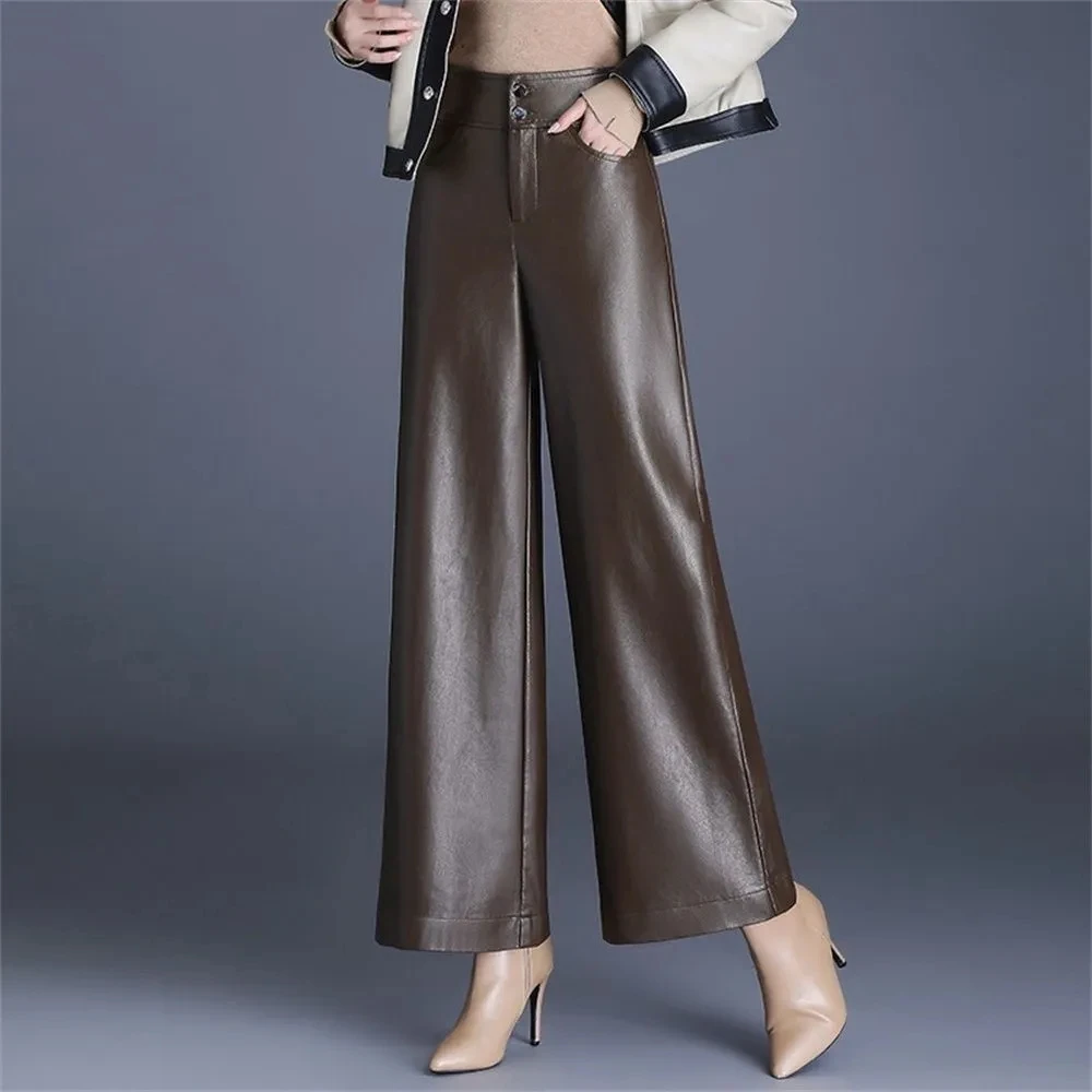 2025 Women's Leather Pants Thick High Waist Loose Wide Leg Slim Fit Fashionable Autumn Winter Pants