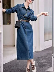 2024 Autumn Winter Casual Women Lapel Single Breasted Denim Dress Vintage Lady Empire Slim A-line Midi Dress with Belt