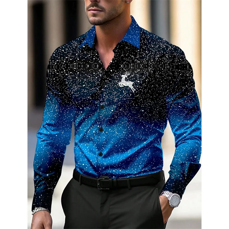 

3D Printed Colorful Snowflake Hawaiian Shirts For Men Christmas Tree Pattern Aloha Shirts Loose Long Sleeve Lapel Tops Blouse