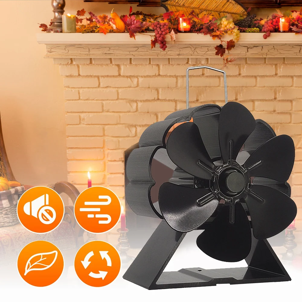 Heat Powered Stove Fan Eco Quiet Black 6 Blades Log Wood Burner Fireplace Fan Winter Warmer Home Efficient Heat Distribution