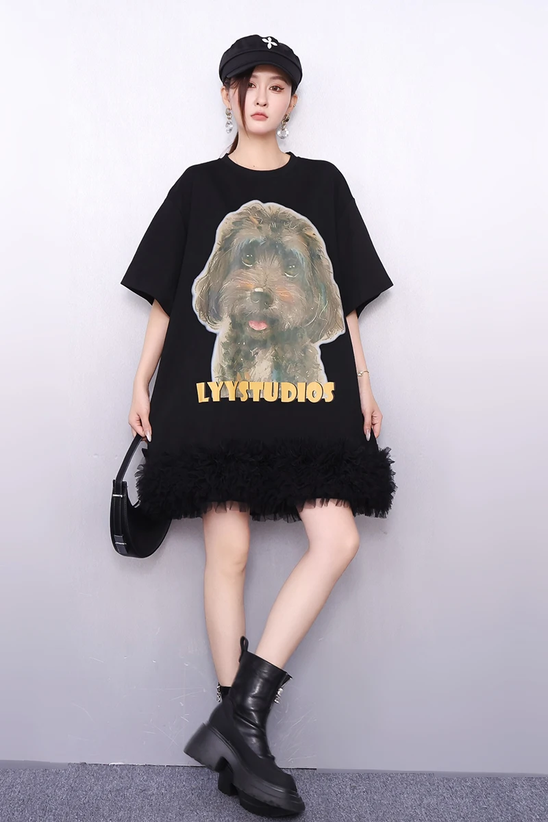 

2025 Autumn Elegant Women Loose Printed T-shirt Short Dresses Female Short Sleeve Dress Wholesale J2058