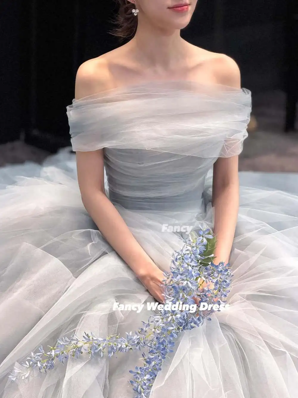 Fancy Luxury Off Shoulder Wedding Dress Korea Photography A Line Soft Tulle Evening Party Dresses Customized