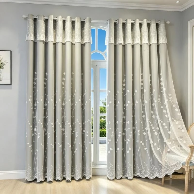 Embroidery Luxury Curtains for Living Dining Room Bedroom Blackout Double Layer Integrated Sun Protection Sunshade Cloth