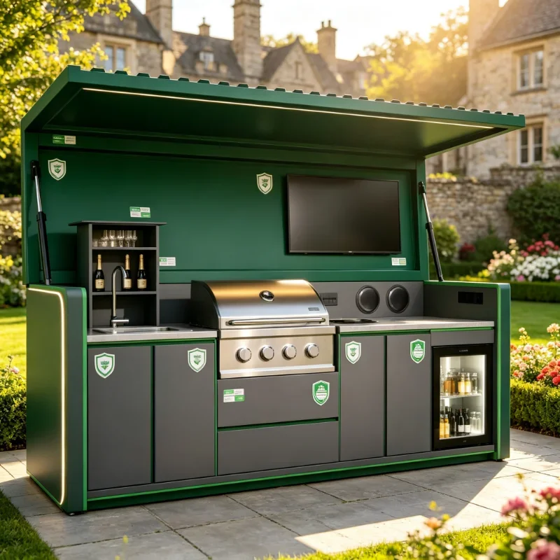 Luxury Stylish Weatherproof Outdoor Kitchen Shelter Custom Built In BBQ And Bar For Garden Leisure Cooking Space
