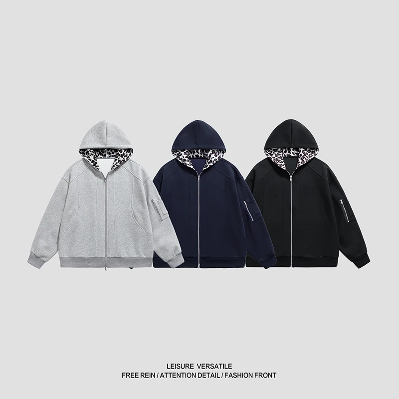 

Men's Casual Zip Hoodie with Contrast Leopard Hood Detail: Great for Daily Commutes, Gym Warm-Ups, and Post-Work Grocery Runs