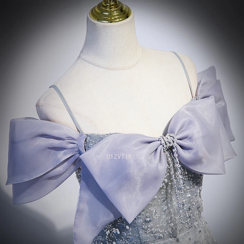 Blaues Ball-Abendkleid für Damen, luxuriöse Pailletten, glitzernde Quaste, Schleife, A-Linie, bodenlang, lange Party-formale Kleider, individuell gestaltet