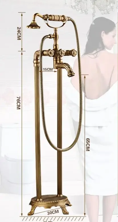 Floor standing Carved Bathtub Faucet Tub Filler Fashion Antique Brass Floor Mount with Hand shower Mixer Taps