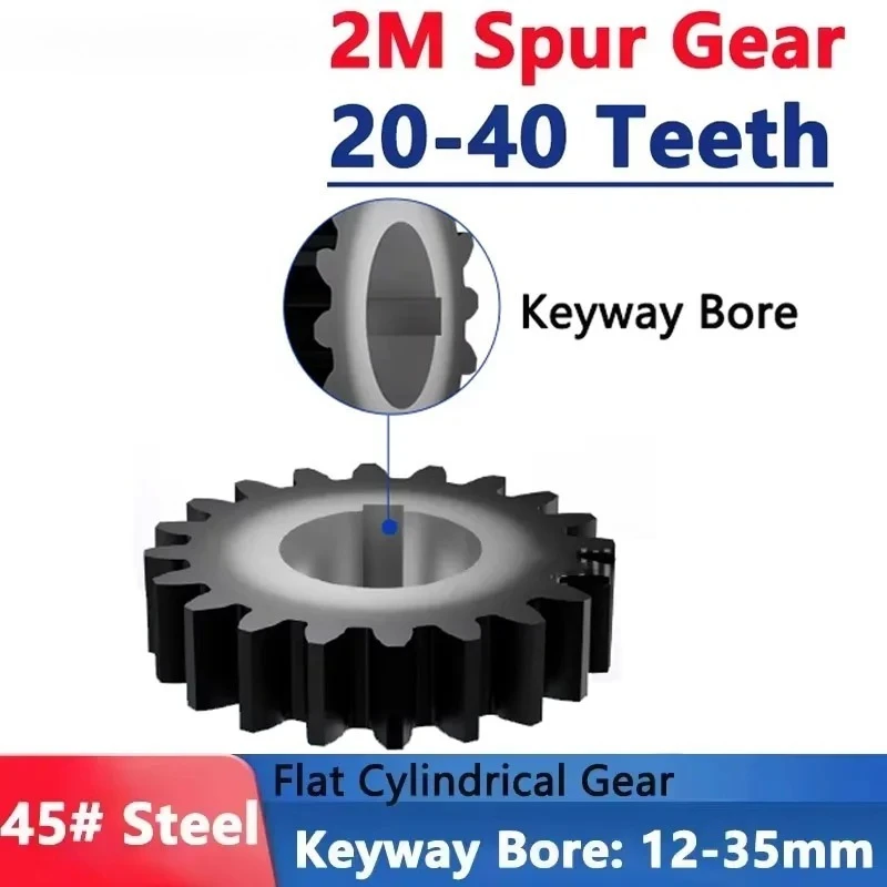 1PCS 45# Steel Spur Gear 2M 2 Module 20/21/22/23/24/25/26/27/28/30/32/34/35/36/38/40 Teeth Flat Cylindrical Gear Bore 12-25mm