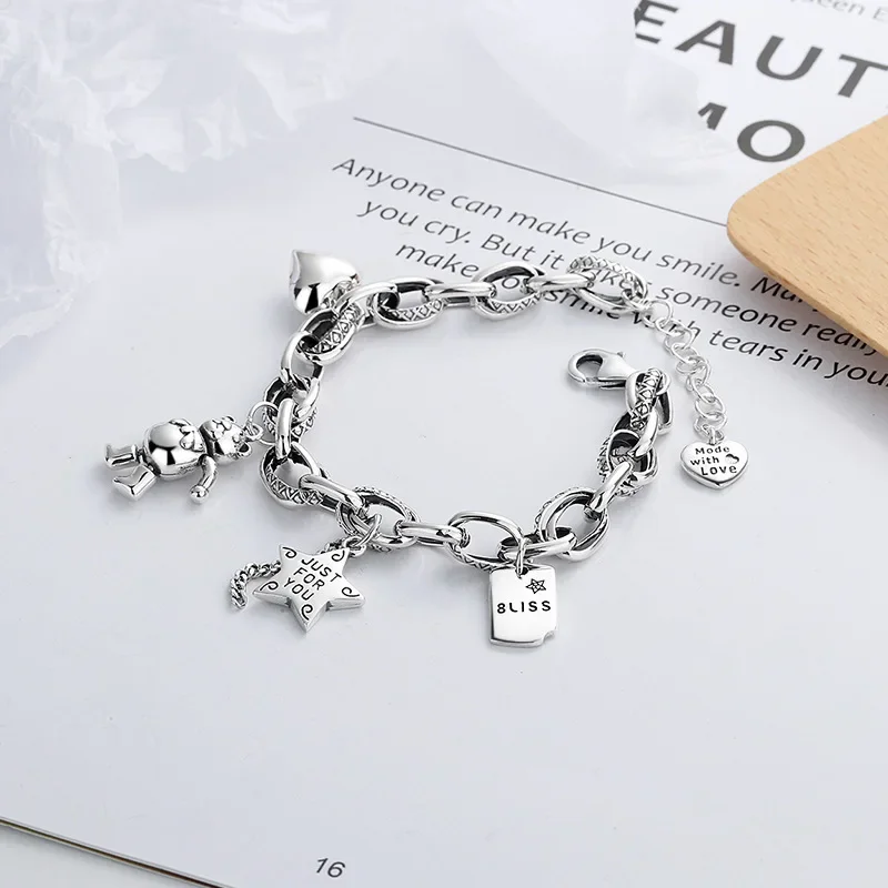 S925 sterling silver retro fashion star Heart Bear multi-element accessories splicing bracelet for women