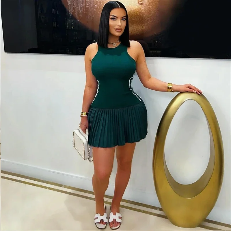Casual de malha verão plissado a linha mini vestido mulher sem mangas o pescoço fino lado listrado elástico festa clube vestidos streetwear