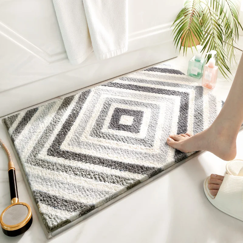 Simple Geometric Bathroom Non-slip Mat Microfiber Flocking Bath Mat Thick Plush Bathroom Rug Absorbent Non-slip Foot Mat Doormat