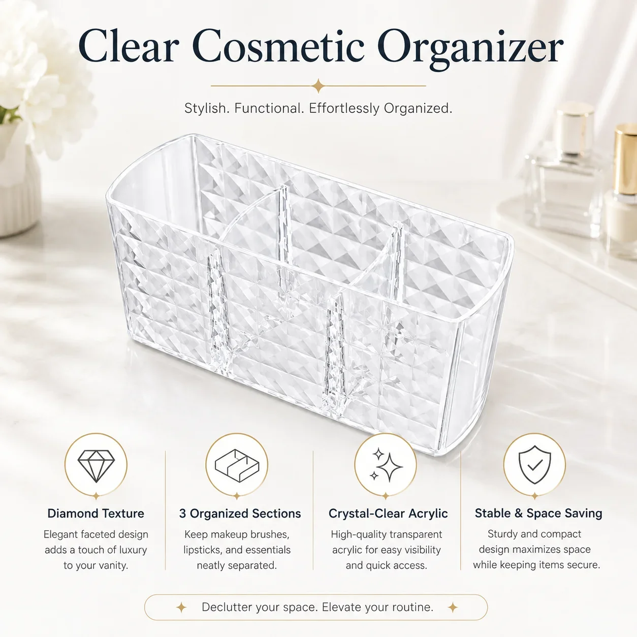 Layered Cosmetic Display Box, Desktop Organizer with Compartments for Jewelry Makeup Brushes and Cosmetics