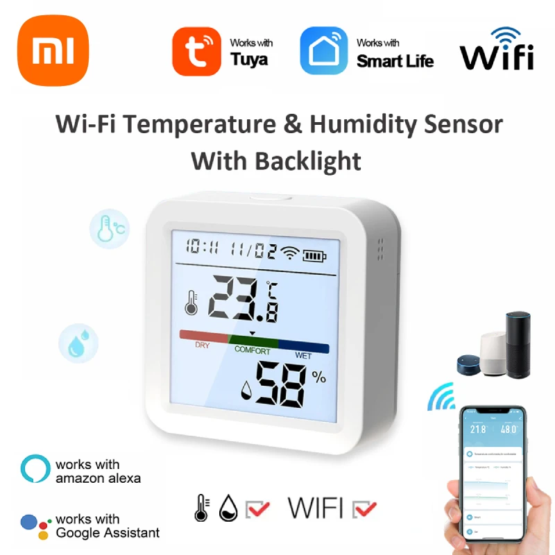 Xiaomi Tuya termometer lampu latar, alat pengukur suhu dan kelembapan WIFI cerdas, Sensor temperatur higrometer dalam ruangan mendukung Alexa Google