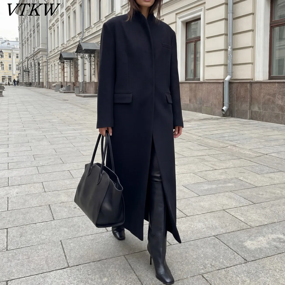 

VTKW 2026 New Arrival Women Black Wool Maxi Coat Mandarin Collar Open Front Pockets Loose Fit Warm Office Casual Outerwear
