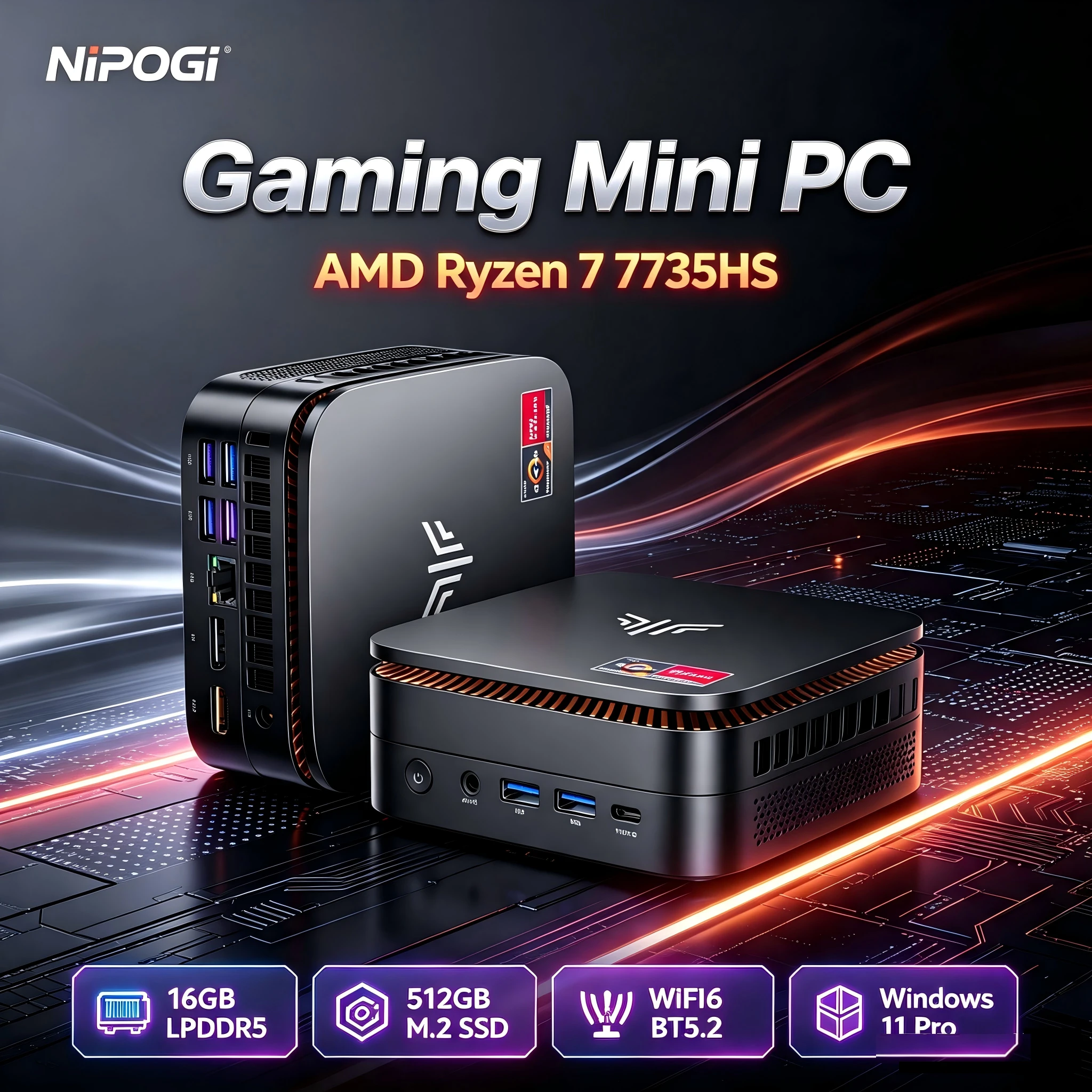 NIPOGI Gaming Mini PC Ryzen 7 7735HS Radeon 680M 16GB LPDDR5 1TB NVMe SSD Win11 Pro WiFi6 BT5.2 4K Triple Display Office Mini PC