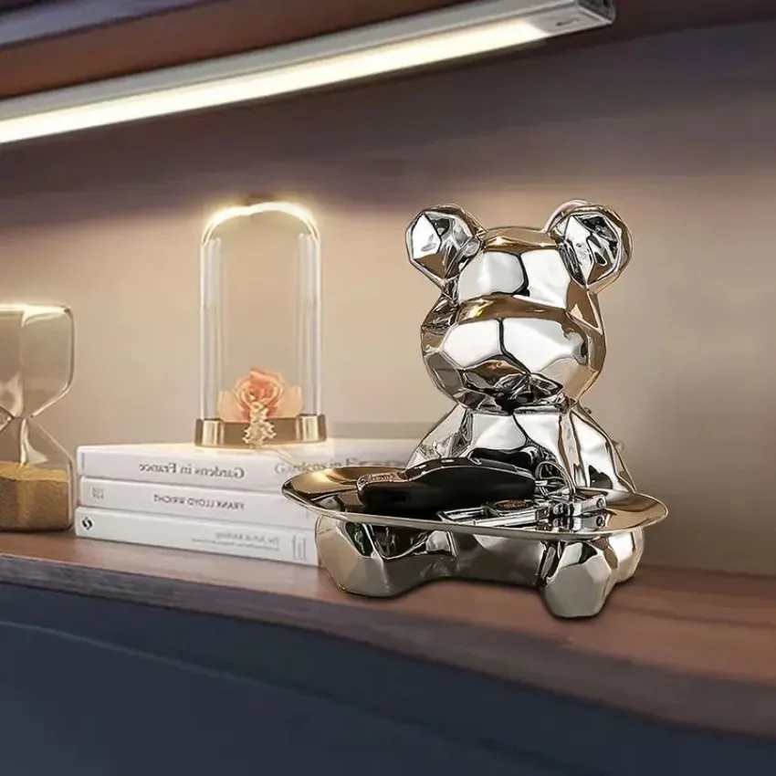 Colorful Electroplated Ceramic Teddy Bear Desktop Home Decoration Light Luxury Ornament Creative Violent Bear Tray Storage Foyer