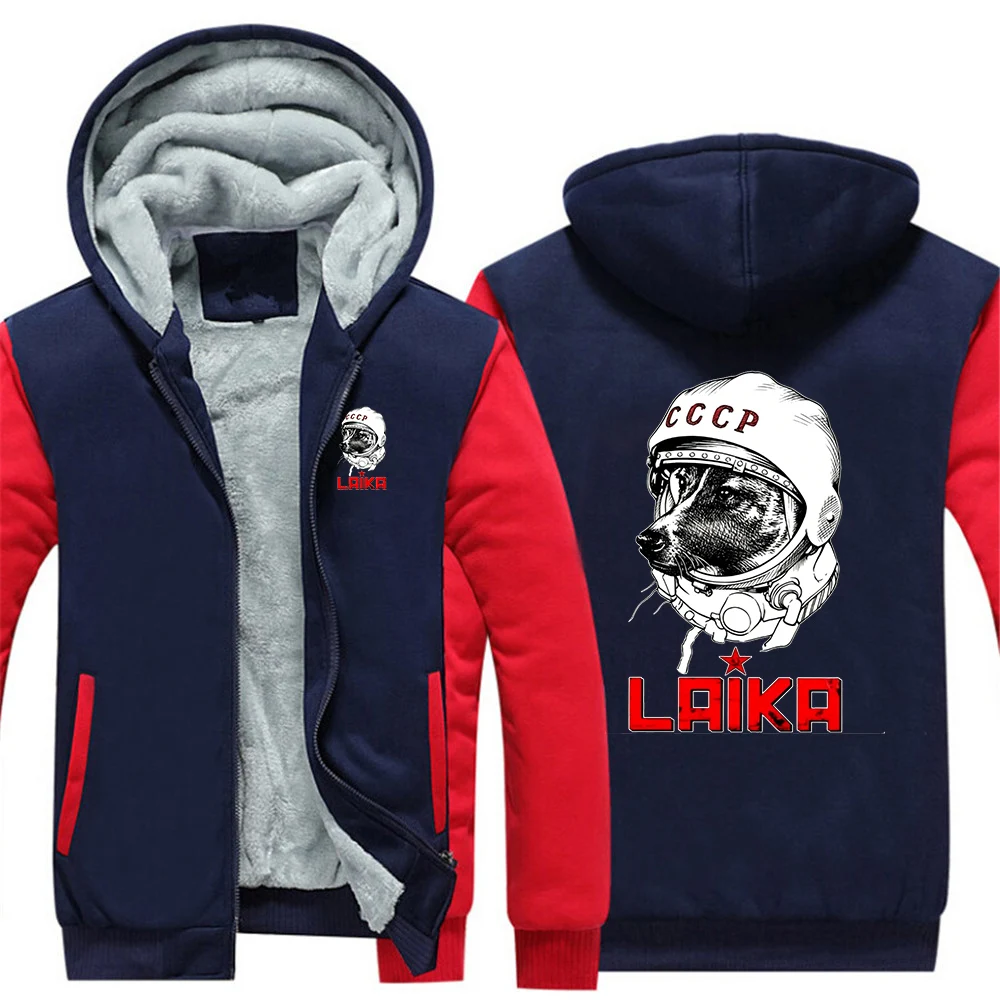 Laika USSR Funny Cartoon Dog Graphic Men's thick fleece pullover, suitable for winter, stylish design hoodies jacket