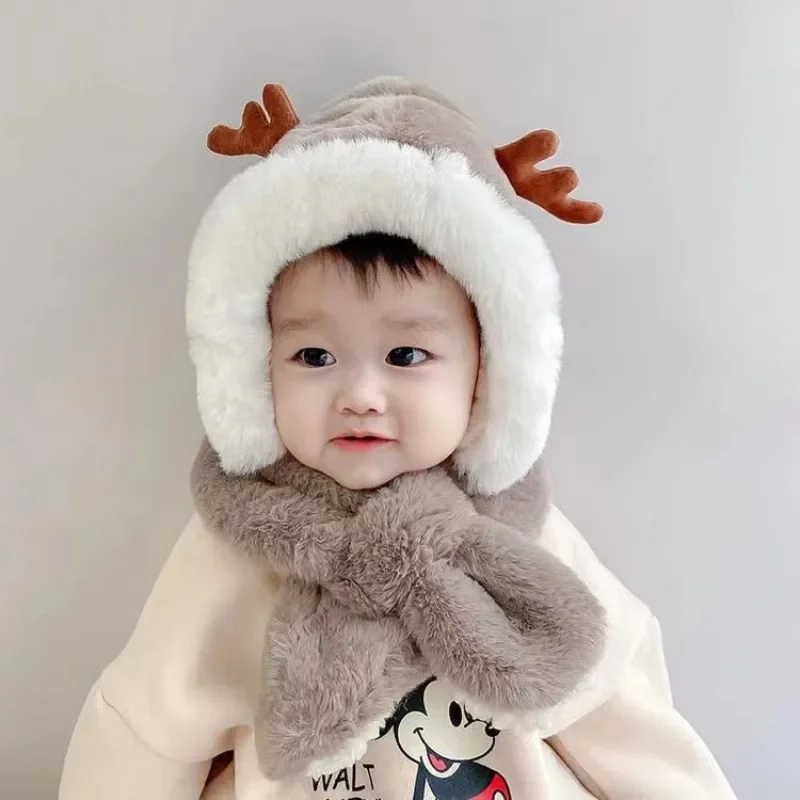 Winter Baby Hat Scarf One-Piece Faux Fur Kids Hats Cartoon Bear Warm Neck Ear Cap for Boys Girls Windproof Beanies Infant Stuffs