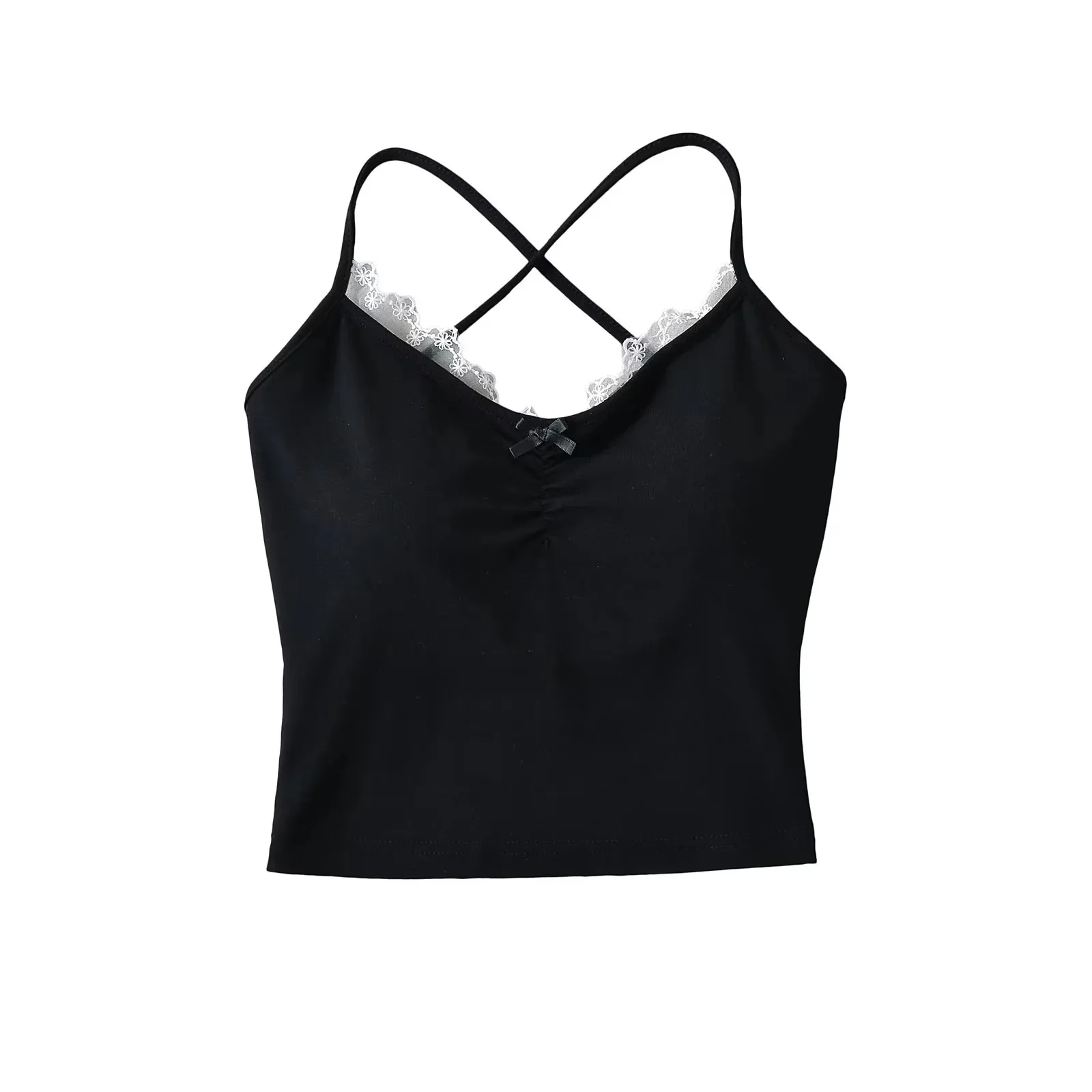 Sexy Lace Chest Cushion Camisole Korean Fashion Clothing For Womens 2024 Summer Versatile Bow Short Black Tank Cute Crop Top TXN