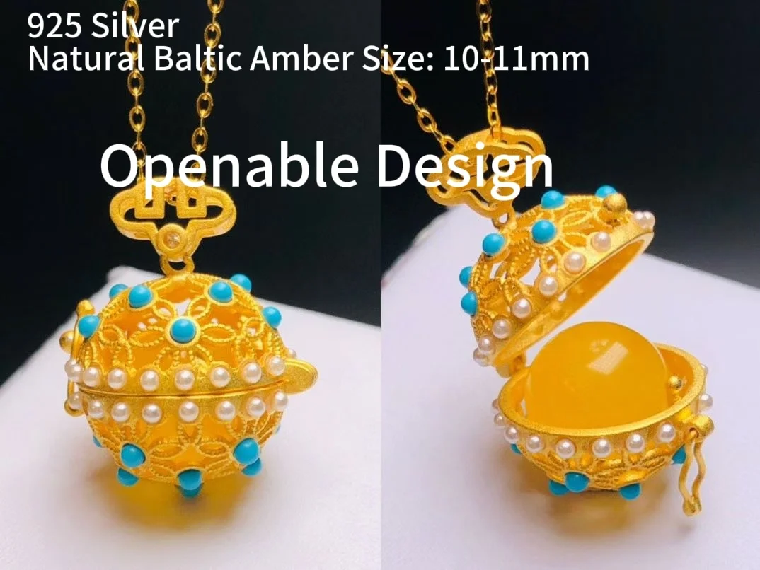 

Certificated 925 Silver Natural Baltic Amber Openable Pendant Bead Ball Pearl Necklace Traditional Chinese Sachet Funny Jewelry
